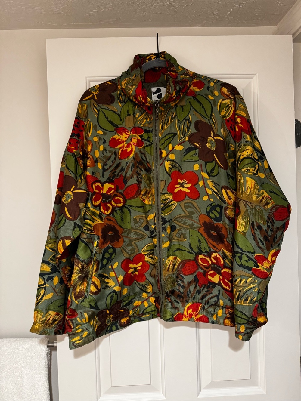 Vintage Silk Bomber Jacket- Olive, Red & Gold Floral